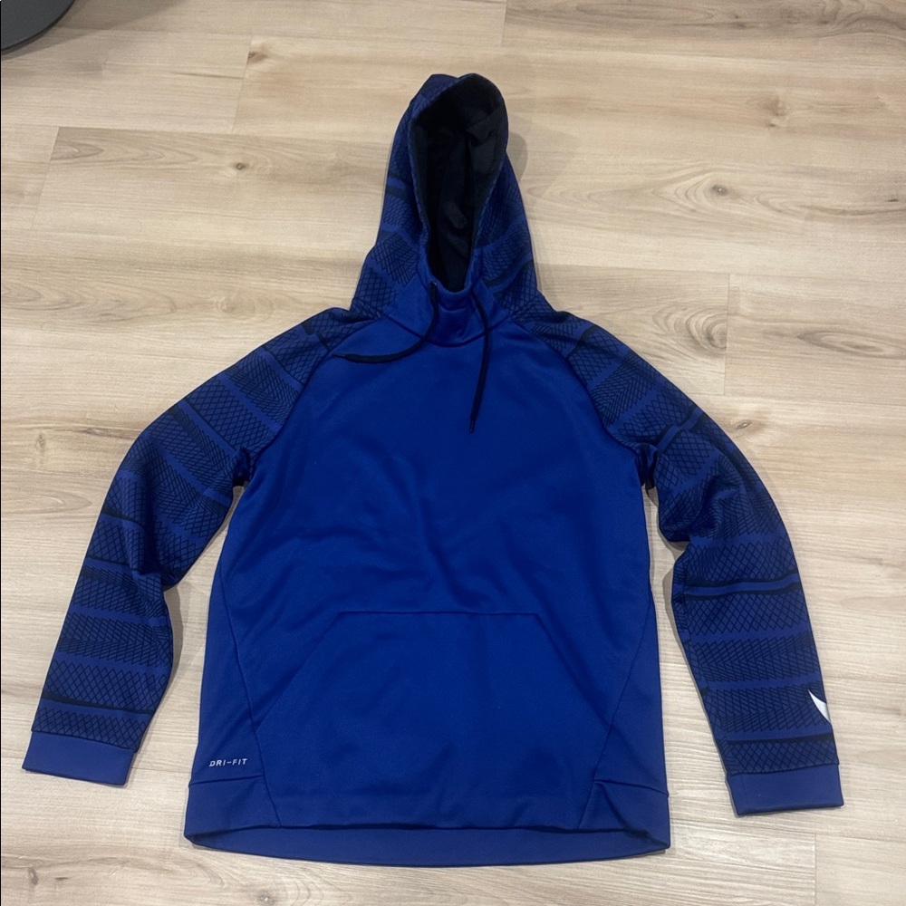 Men's Large Nike Drifit Blue athletic Hoodie with black print patterned sleeves